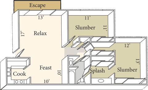 Floor plan for 2 beds, 1 bath, 950 sqft